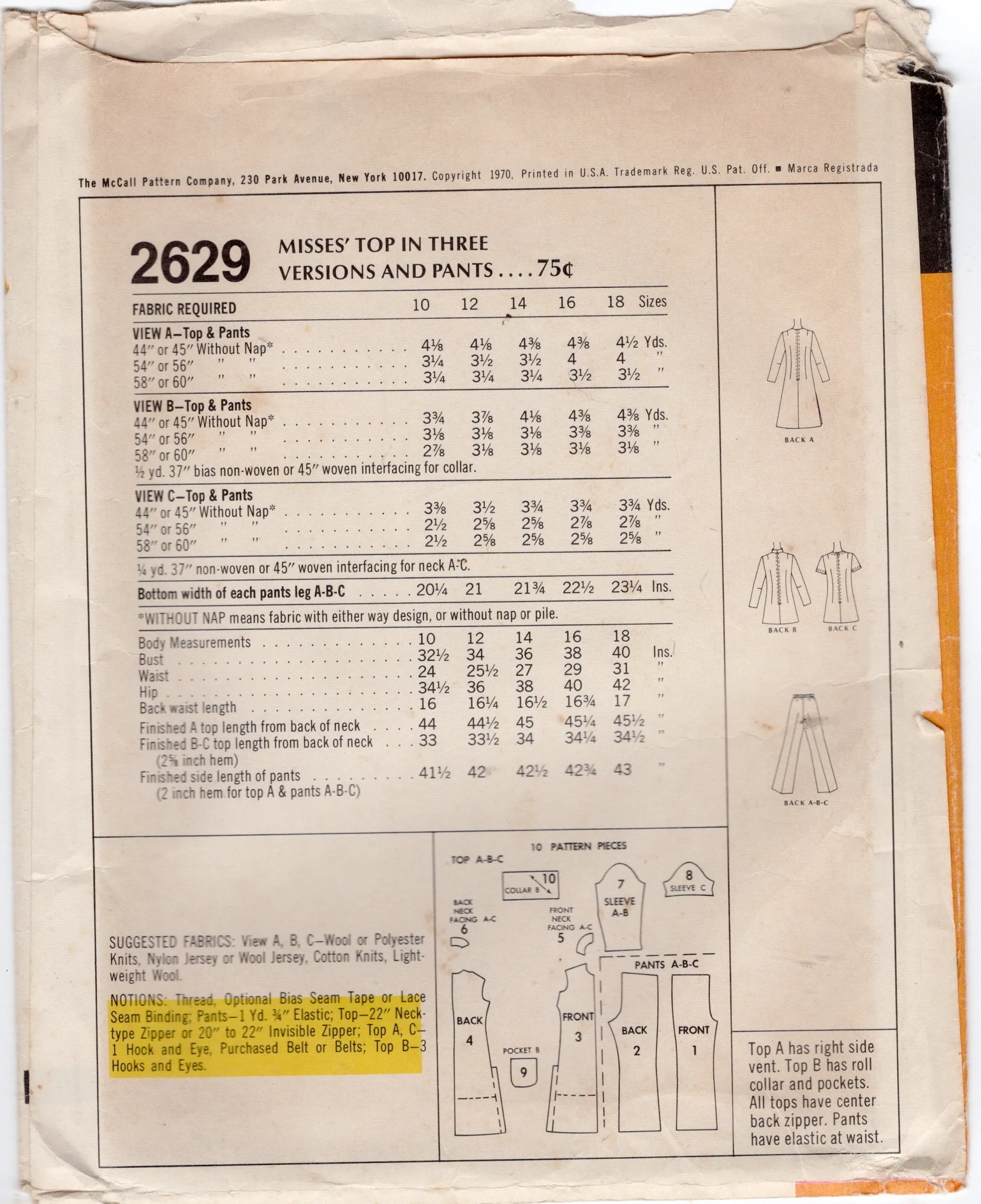 1970's McCall's Tunic or Top Pattern in 3 lengths and High Waisted Pants Pattern - Bust 40" - No. 2629