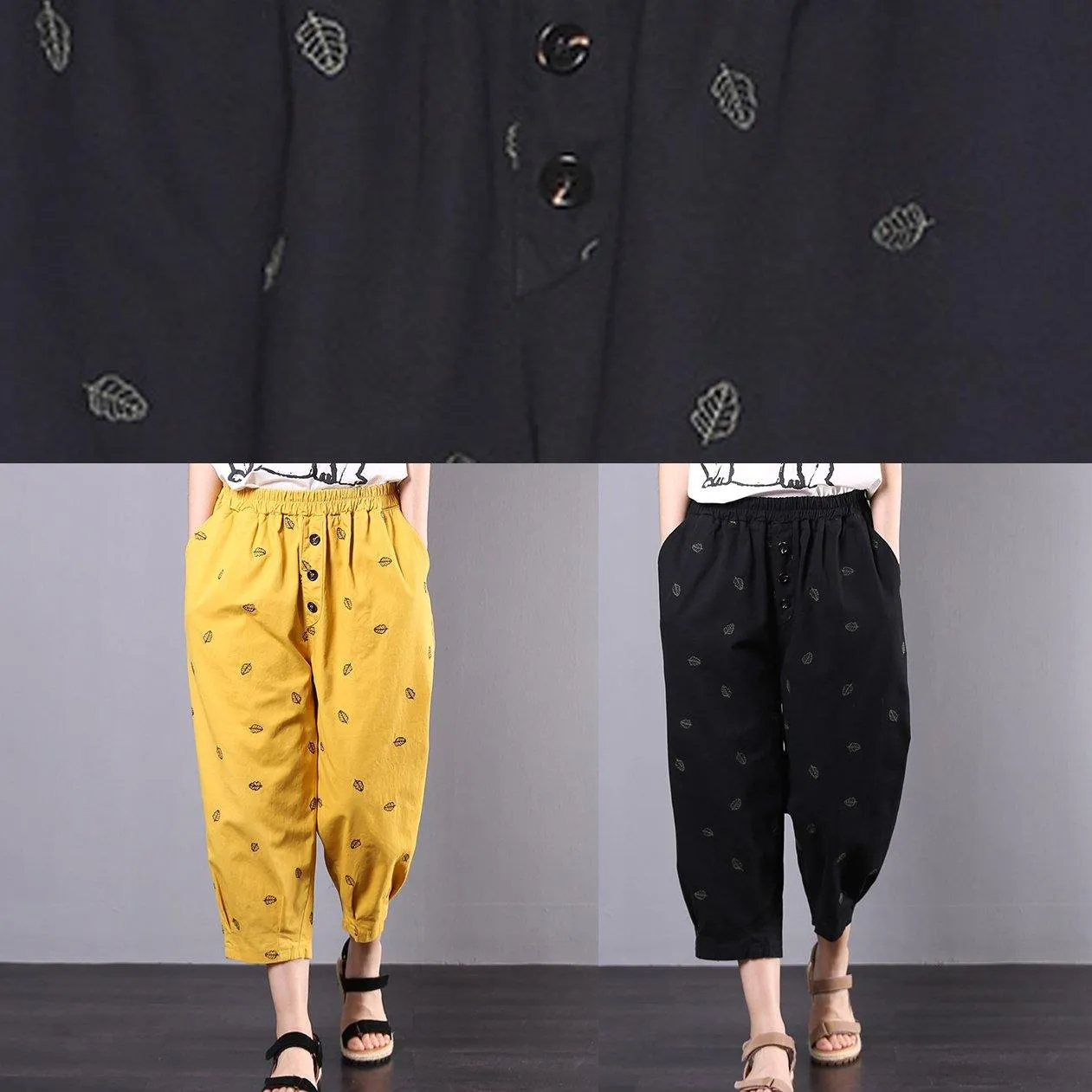 2019 yellow embroidery loose elastic waist pants