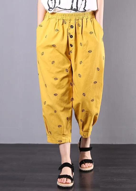 2019 yellow embroidery loose elastic waist pants