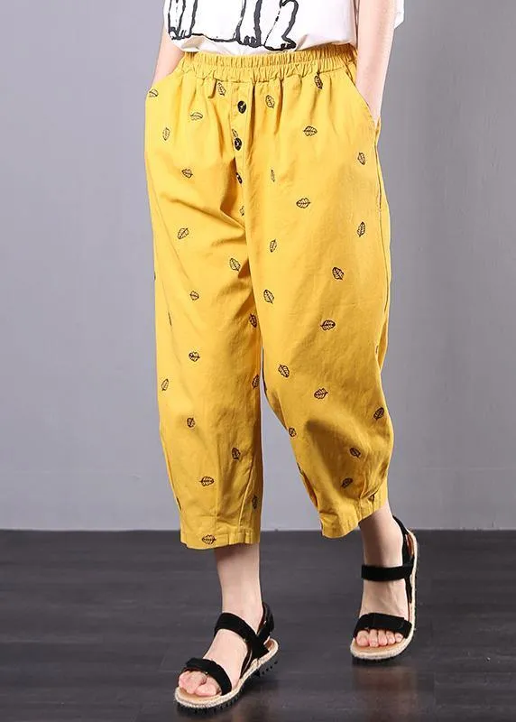 2019 yellow embroidery loose elastic waist pants