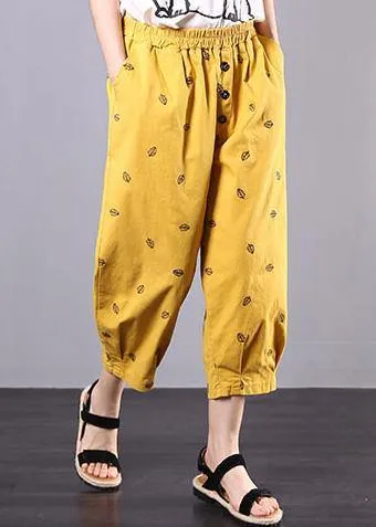 2019 yellow embroidery loose elastic waist pants