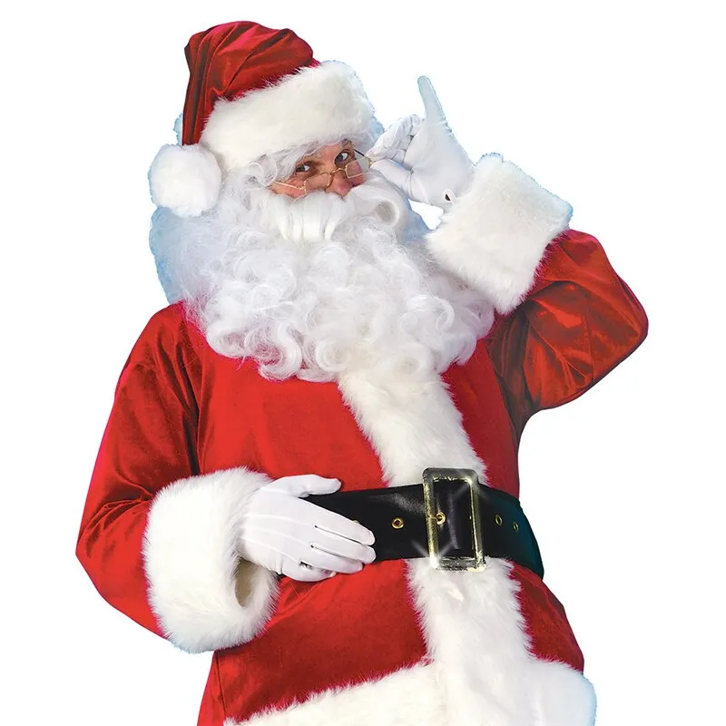 7 Pcs/Set Cosplay Christmas Winter New Red Santa Claus Dress Up Holiday Costume Hat Beard Top Pants Belt Gloves Leather Boots