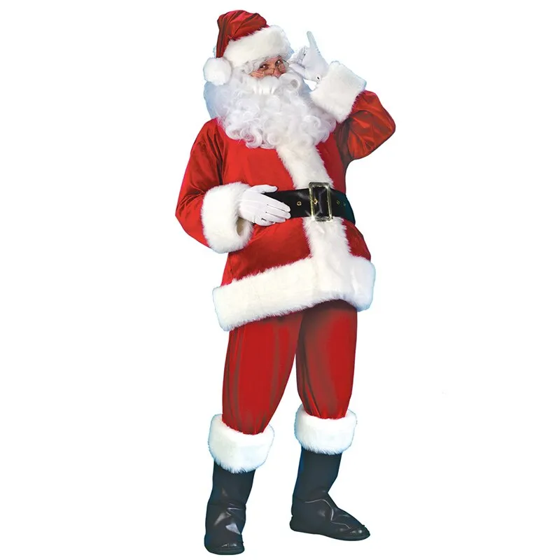 7 Pcs/Set Cosplay Christmas Winter New Red Santa Claus Dress Up Holiday Costume Hat Beard Top Pants Belt Gloves Leather Boots