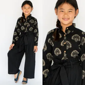 Abstract black Button Down Shirt with Black Paper Bag Pants 2 pc. Set