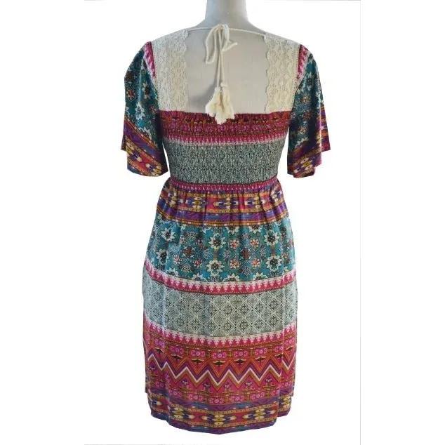 Adini Printed & Crochet Bohemian Baby Doll Elastic Waist Tunic Dress