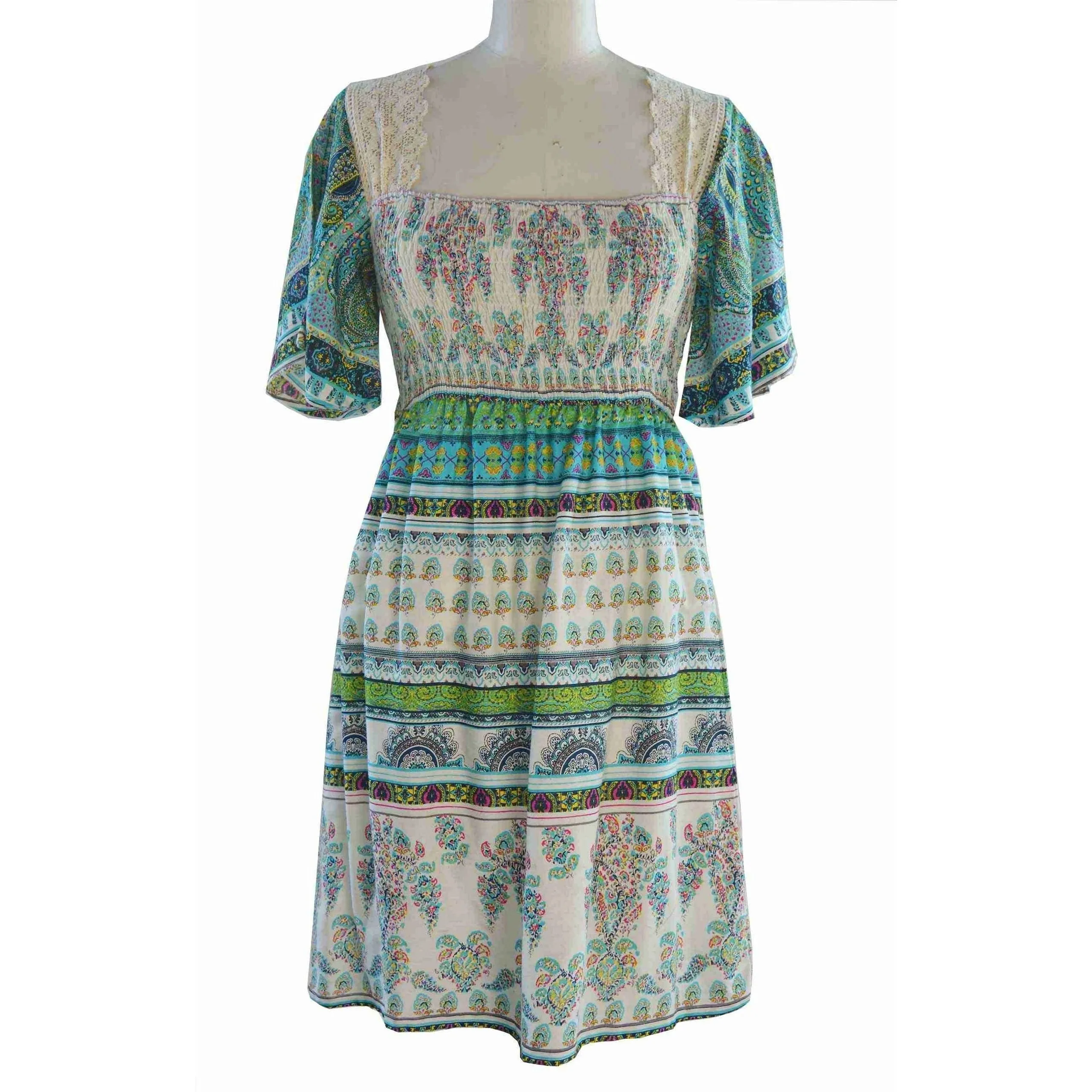 Adini Printed & Crochet Bohemian Baby Doll Elastic Waist Tunic Dress