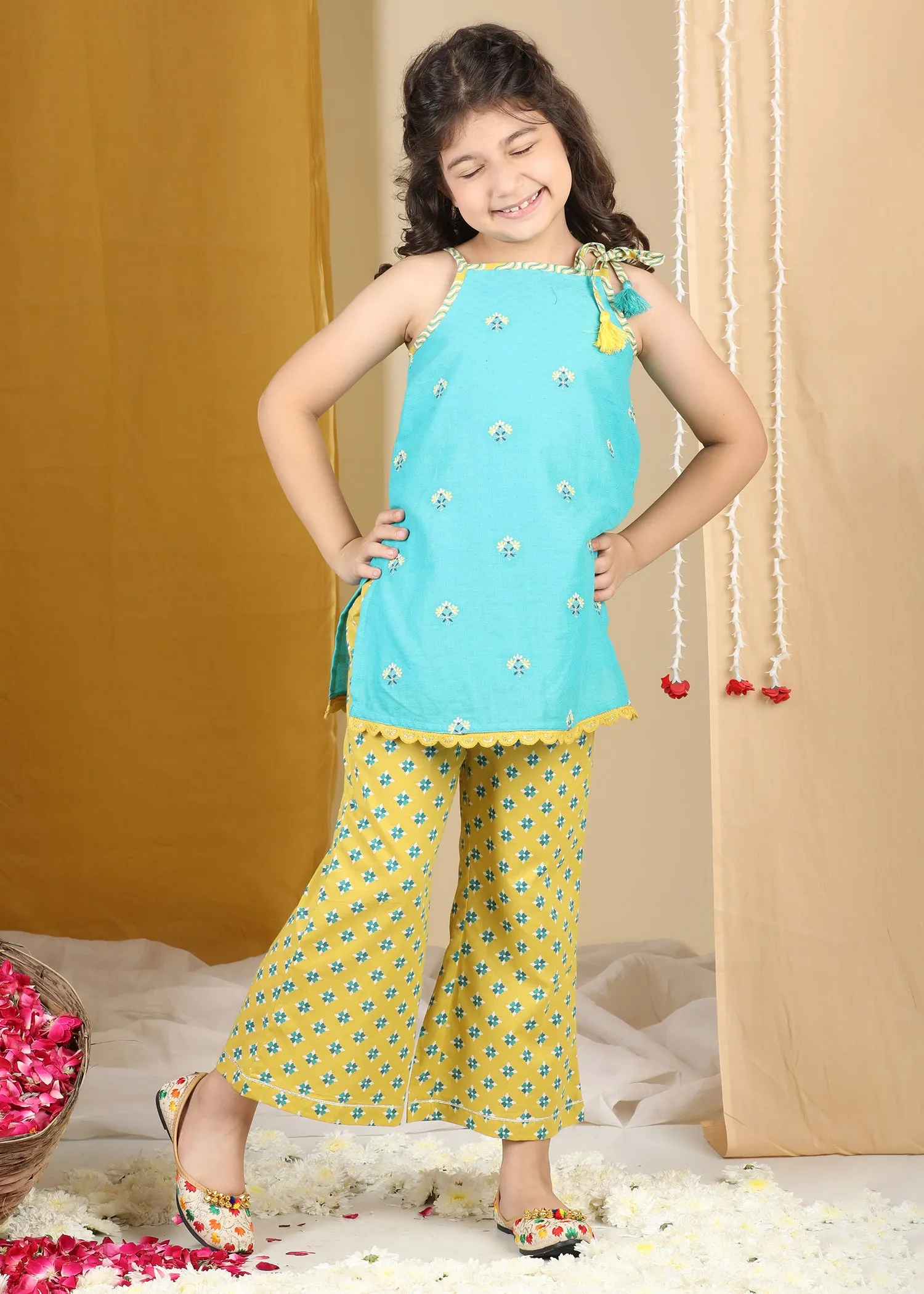 Aqua Mustard Olivia Short Kurta Flared Pant Set Girls (2-12Yrs)