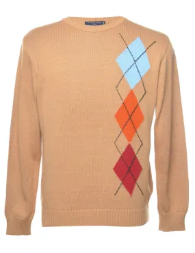 Argyle Light Brown & Orange Knit Jumper - L