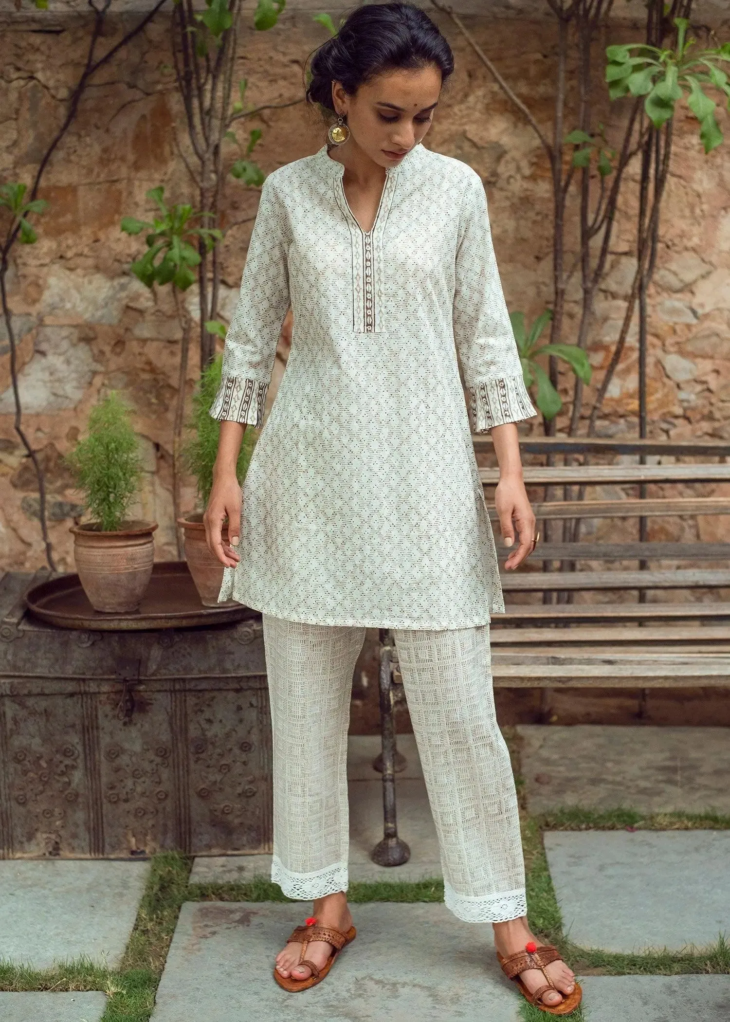 Aziz Beige and Cream Block Print Cotton Slub Tunic