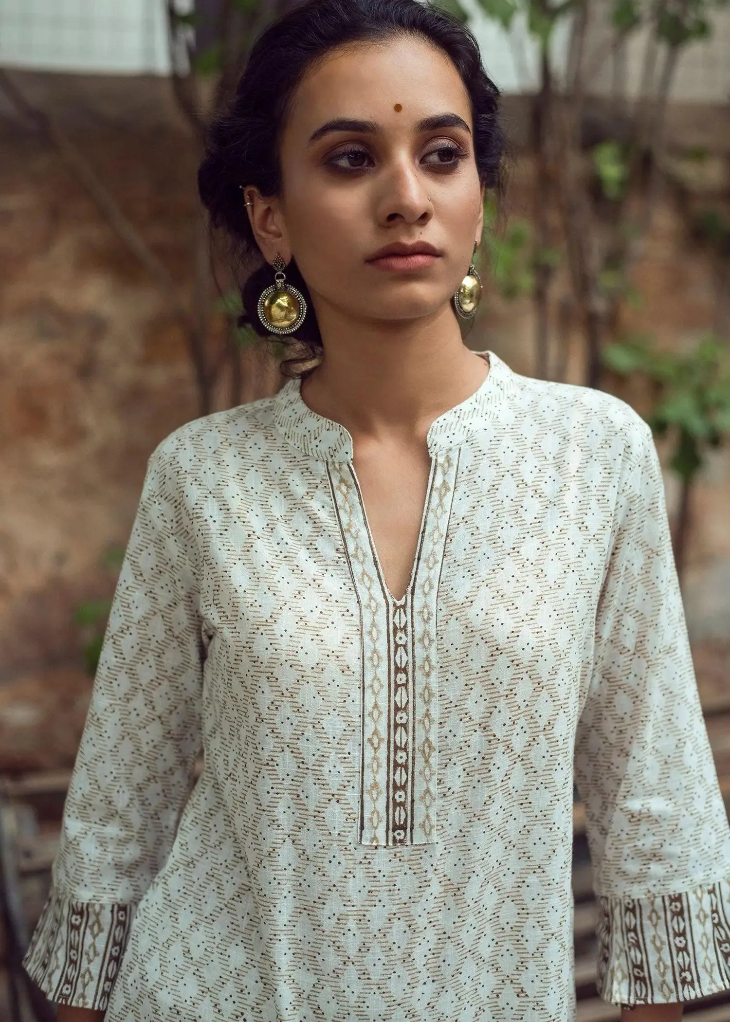 Aziz Beige and Cream Block Print Cotton Slub Tunic