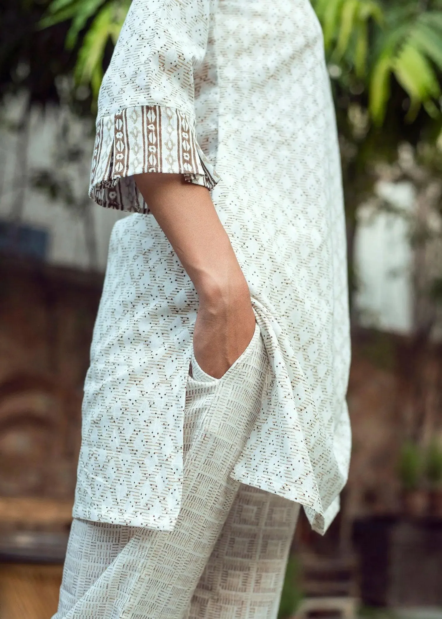 Aziz Beige and Cream Block Print Cotton Slub Tunic