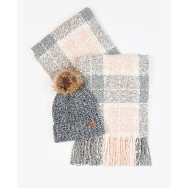 Barbour Saltburn Ladies Beanie & Tartan Scarf Set - Grey Rose