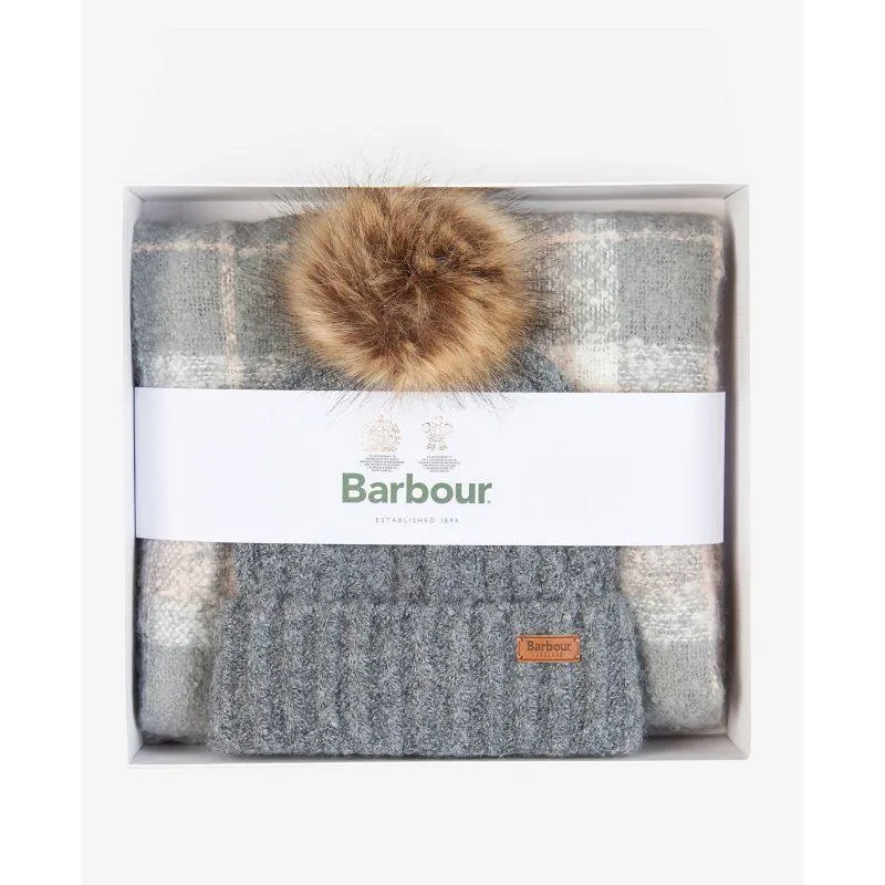 Barbour Saltburn Ladies Beanie & Tartan Scarf Set - Grey Rose