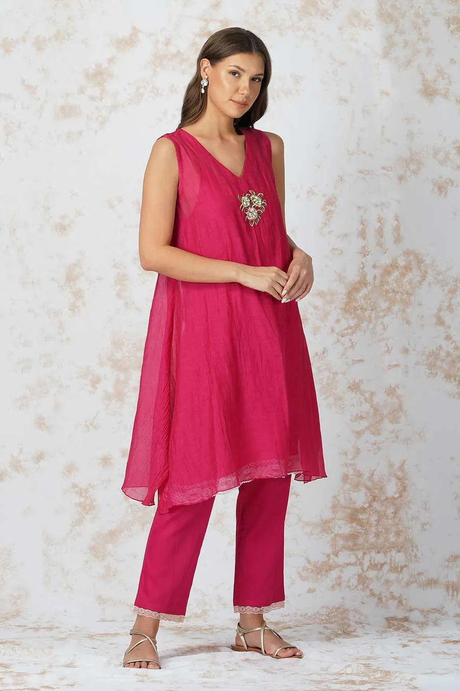 Baroque Flower Asymmetric Pink Tunic Set