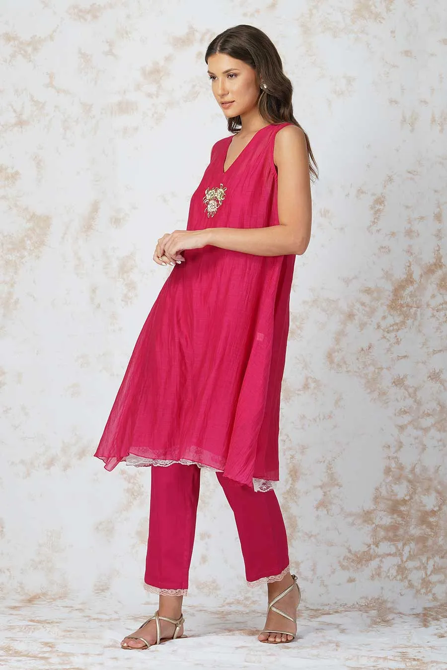 Baroque Flower Asymmetric Pink Tunic Set