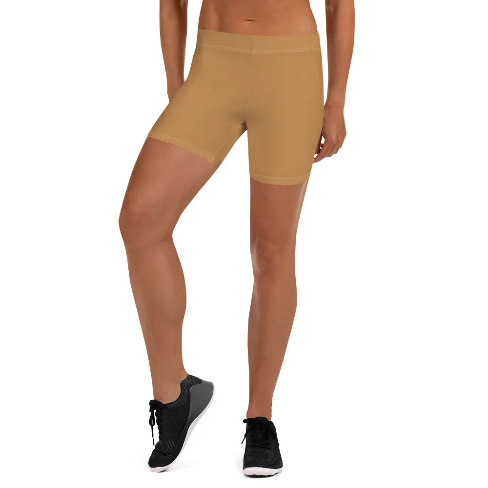 Beige Brown Women's Shorts, Light Nude Brown Designer Gym Tights-Made in USA/EU/MX