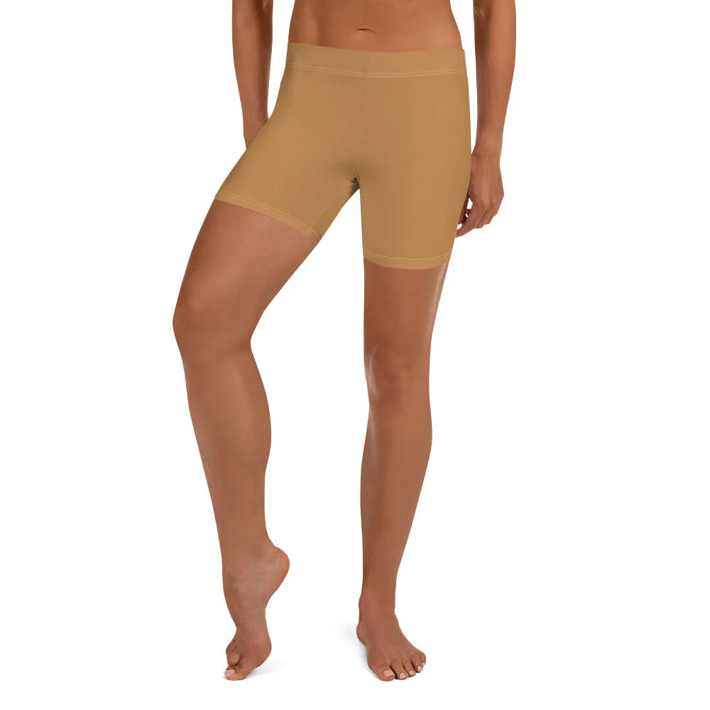 Beige Brown Women's Shorts, Light Nude Brown Designer Gym Tights-Made in USA/EU/MX