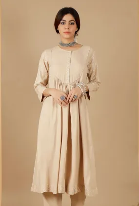 Beige Gathered And Flared Kurta