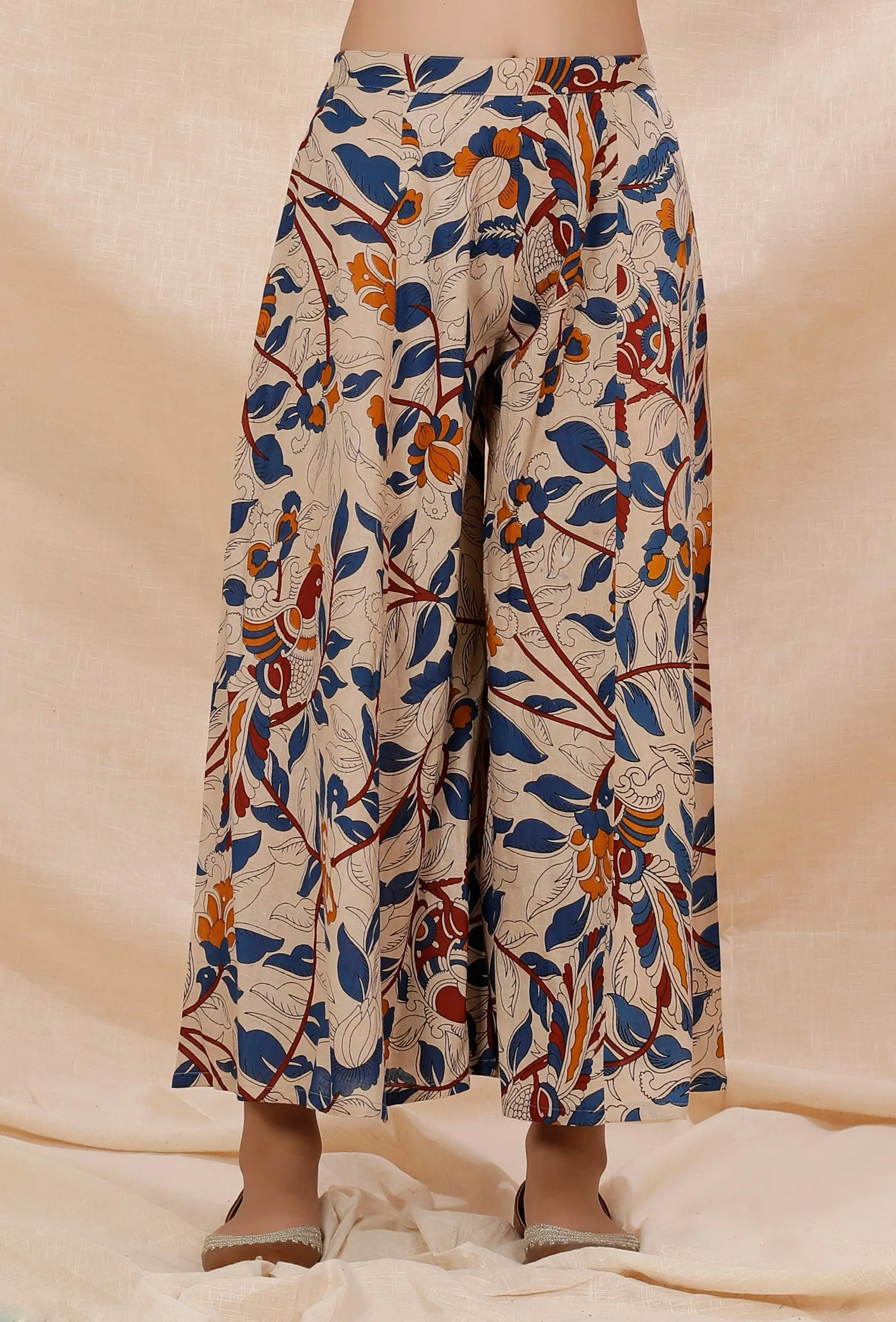 Beige Kalamkari Contrast Print Flared Cotton Pants