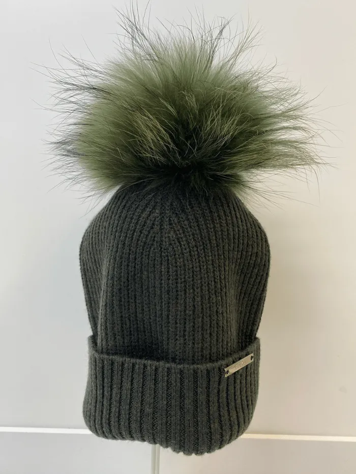 BKLYN S Wool Beanie Army Green Hat Khaki Pom Pom