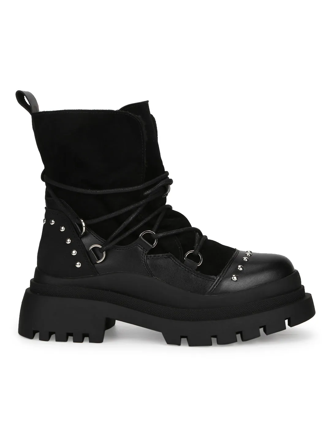 Black PU Lace Up Snow Fur Boots