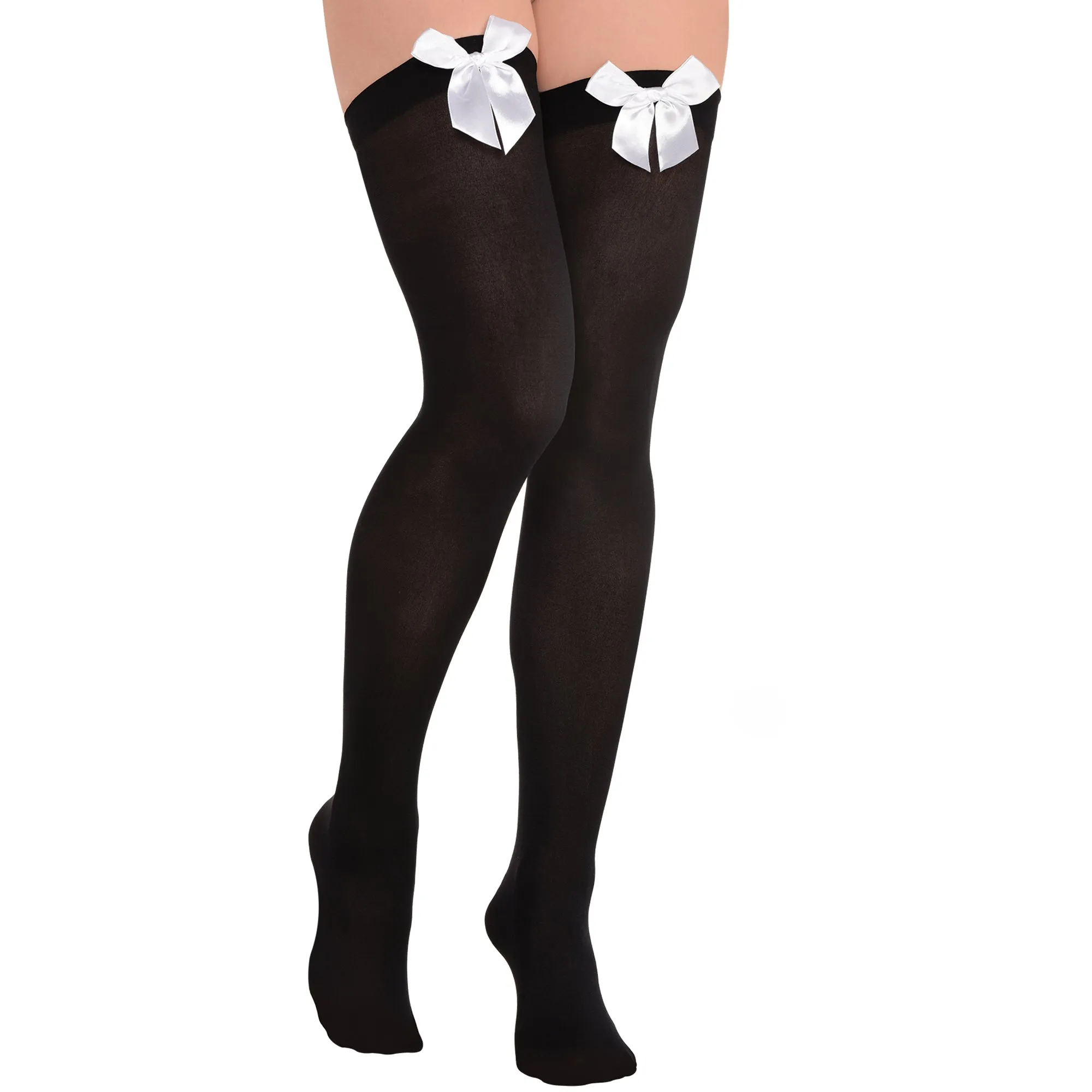 Black Thigh Highs with White Satin Bow for Adults