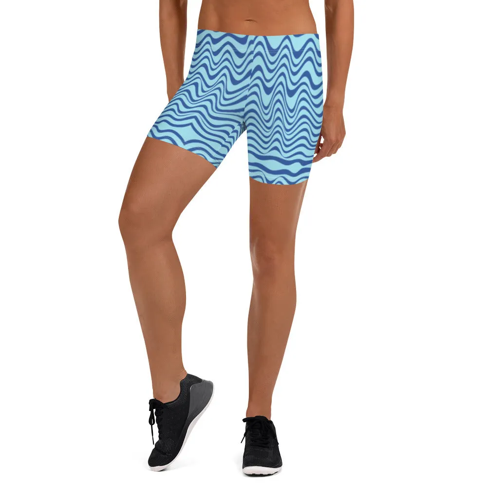 Blue Curvy Women's Shorts, Light Blue Designer Wavy Gym Short Tights-Made in USA/EU/MX