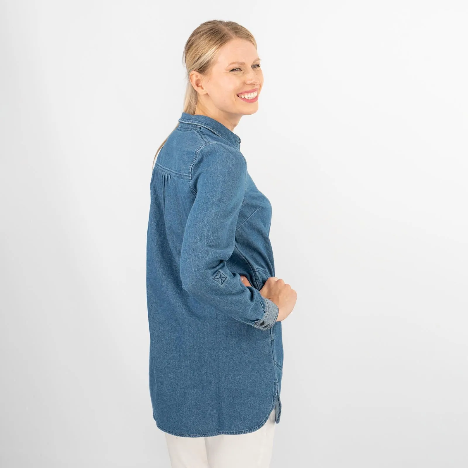 Blue Denim Long Sleeve Casual Tunic Longline Women's Shirts