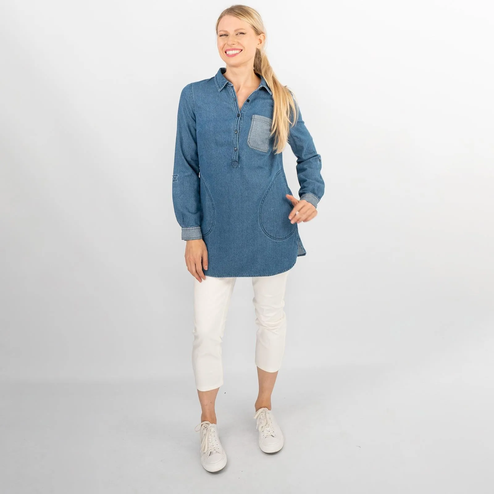 Blue Denim Long Sleeve Casual Tunic Longline Women's Shirts