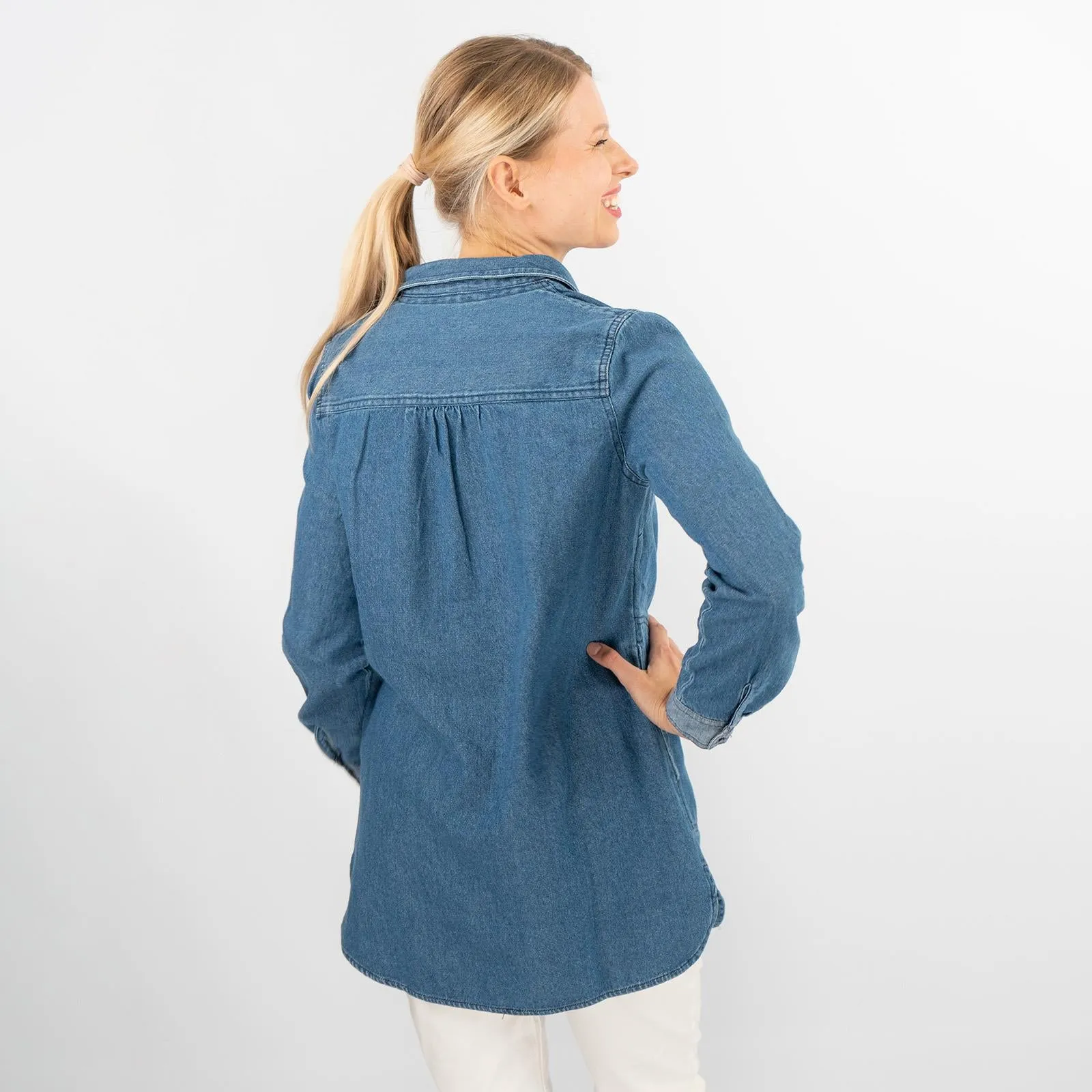 Blue Denim Long Sleeve Casual Tunic Longline Women's Shirts