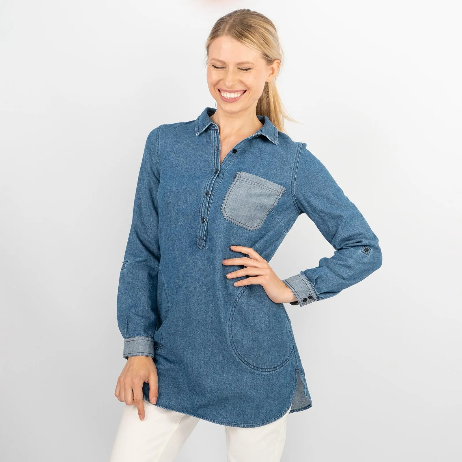 Blue Denim Long Sleeve Casual Tunic Longline Women's Shirts