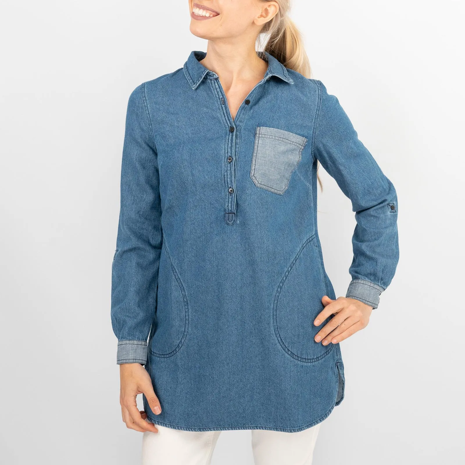 Blue Denim Long Sleeve Casual Tunic Longline Women's Shirts