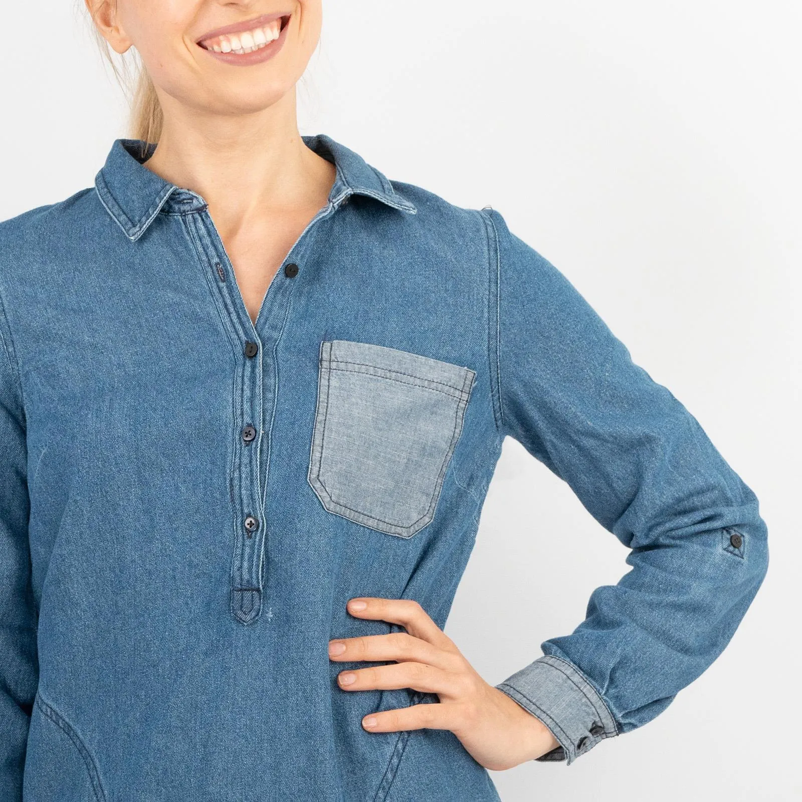 Blue Denim Long Sleeve Casual Tunic Longline Women's Shirts