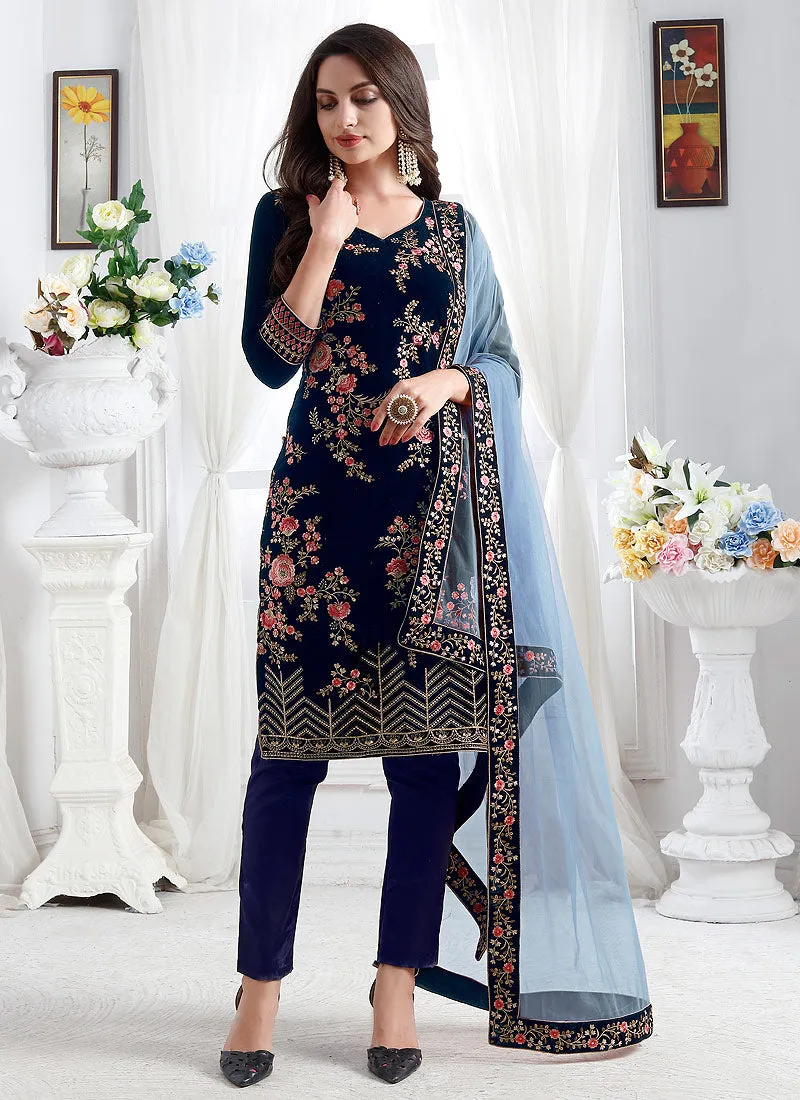 Blue Embroidered Designer Pant Suit