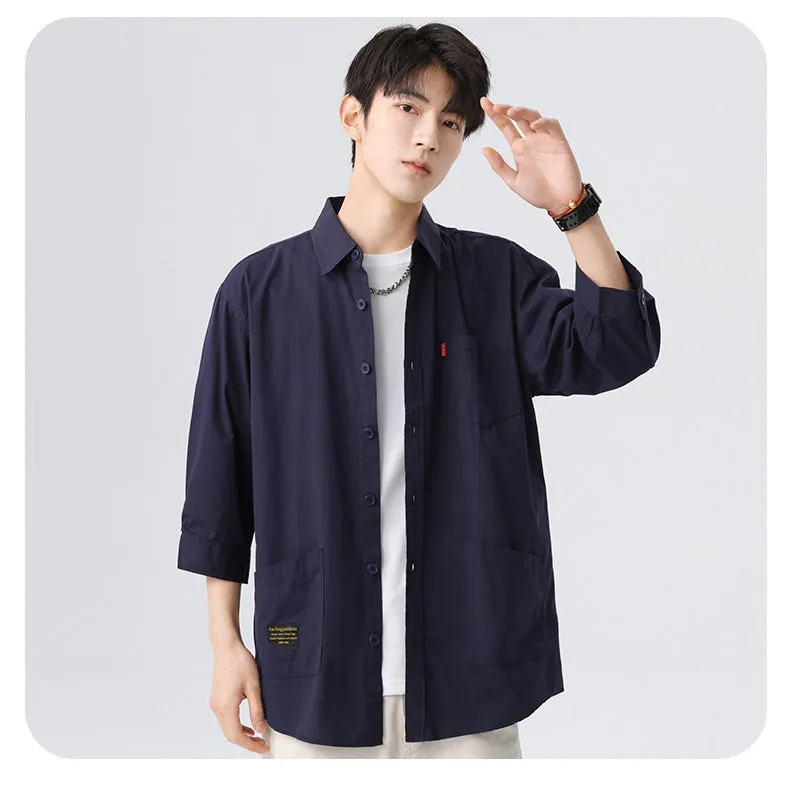 Blue korean-style relaxed shirt three-fourth sleeve