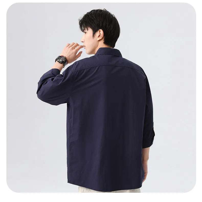 Blue korean-style relaxed shirt three-fourth sleeve