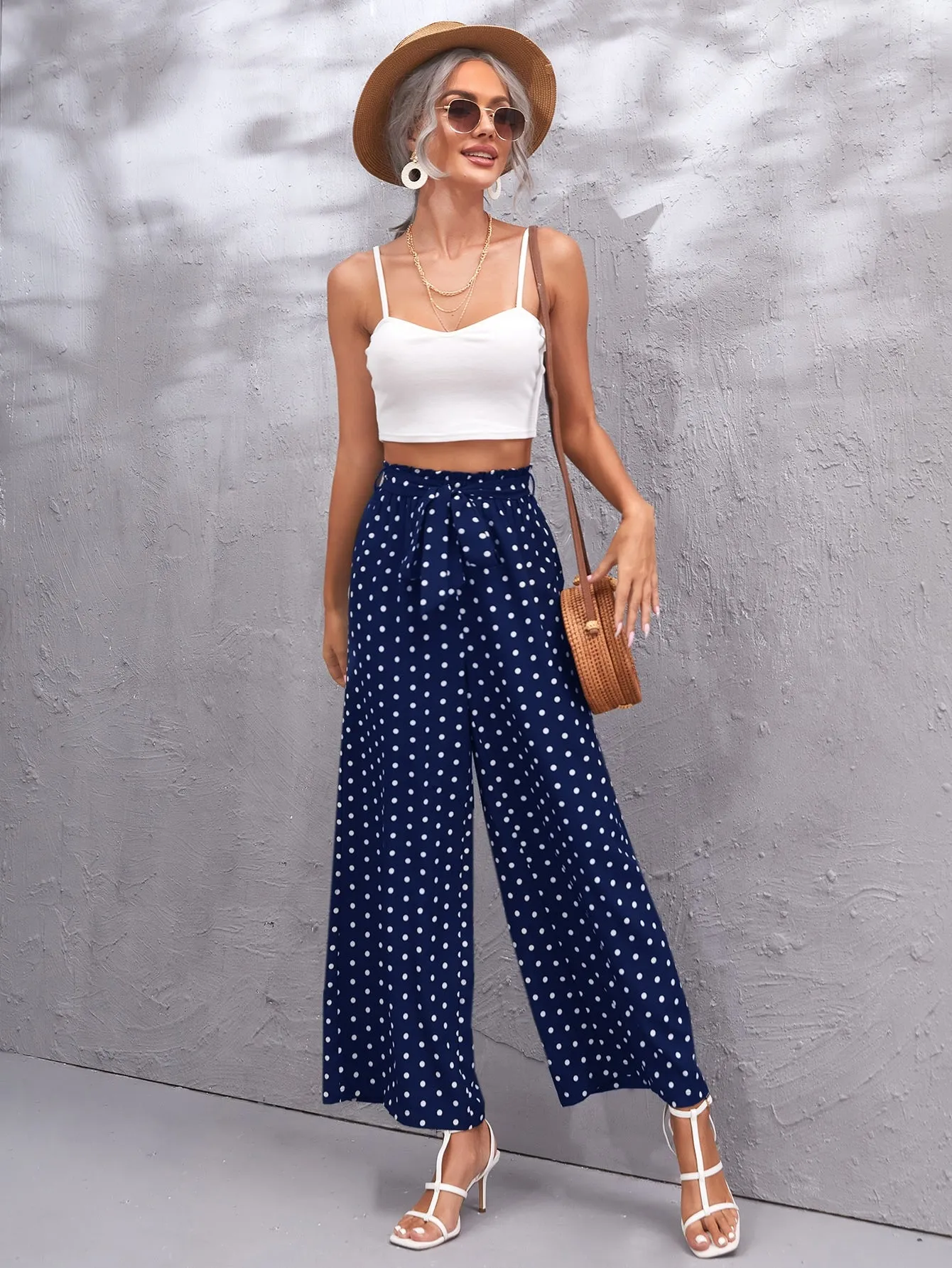 Boho Polka Dot Paper Bag Waist High Waist Long Women Pants