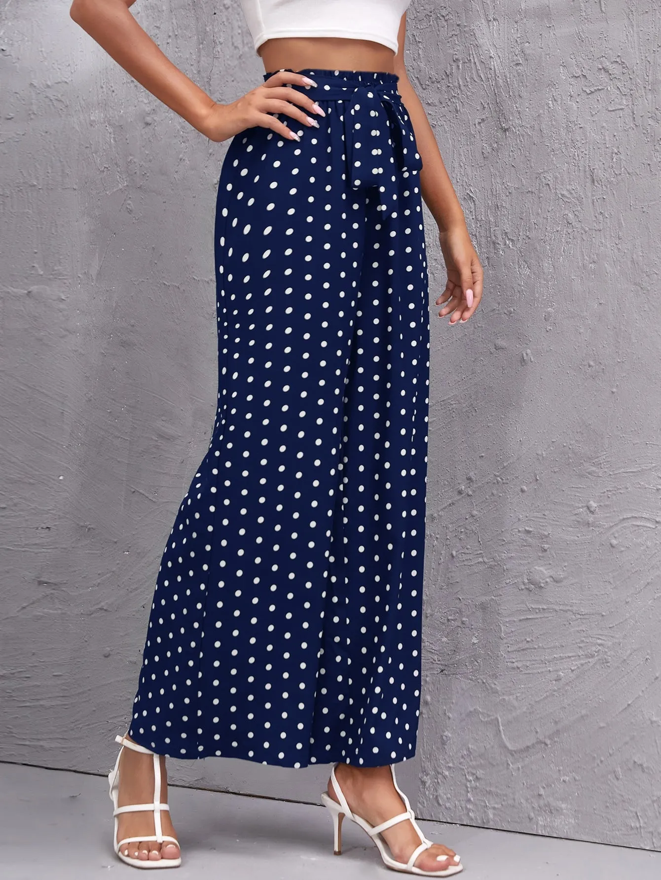 Boho Polka Dot Paper Bag Waist High Waist Long Women Pants