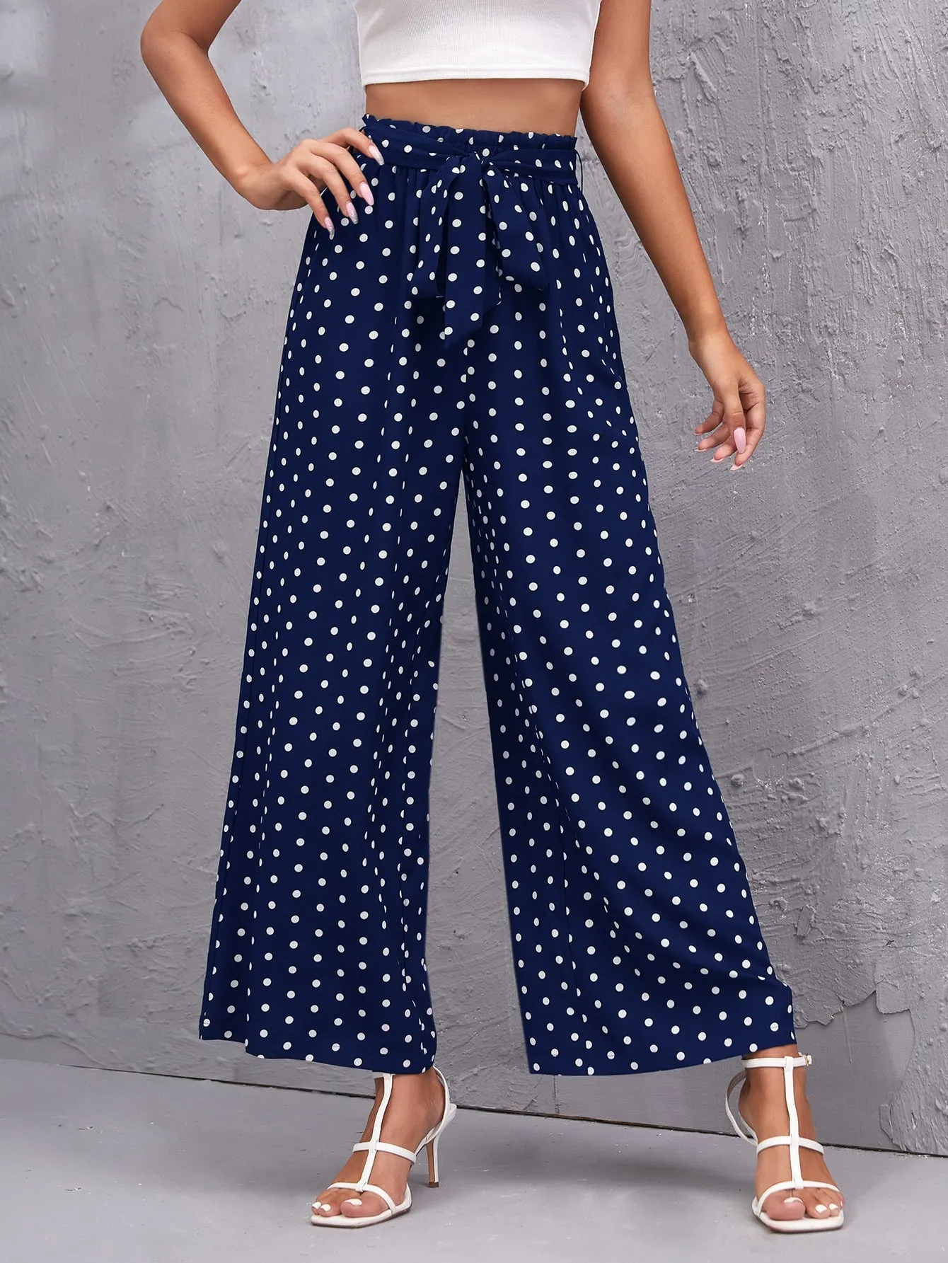 Boho Polka Dot Paper Bag Waist High Waist Long Women Pants