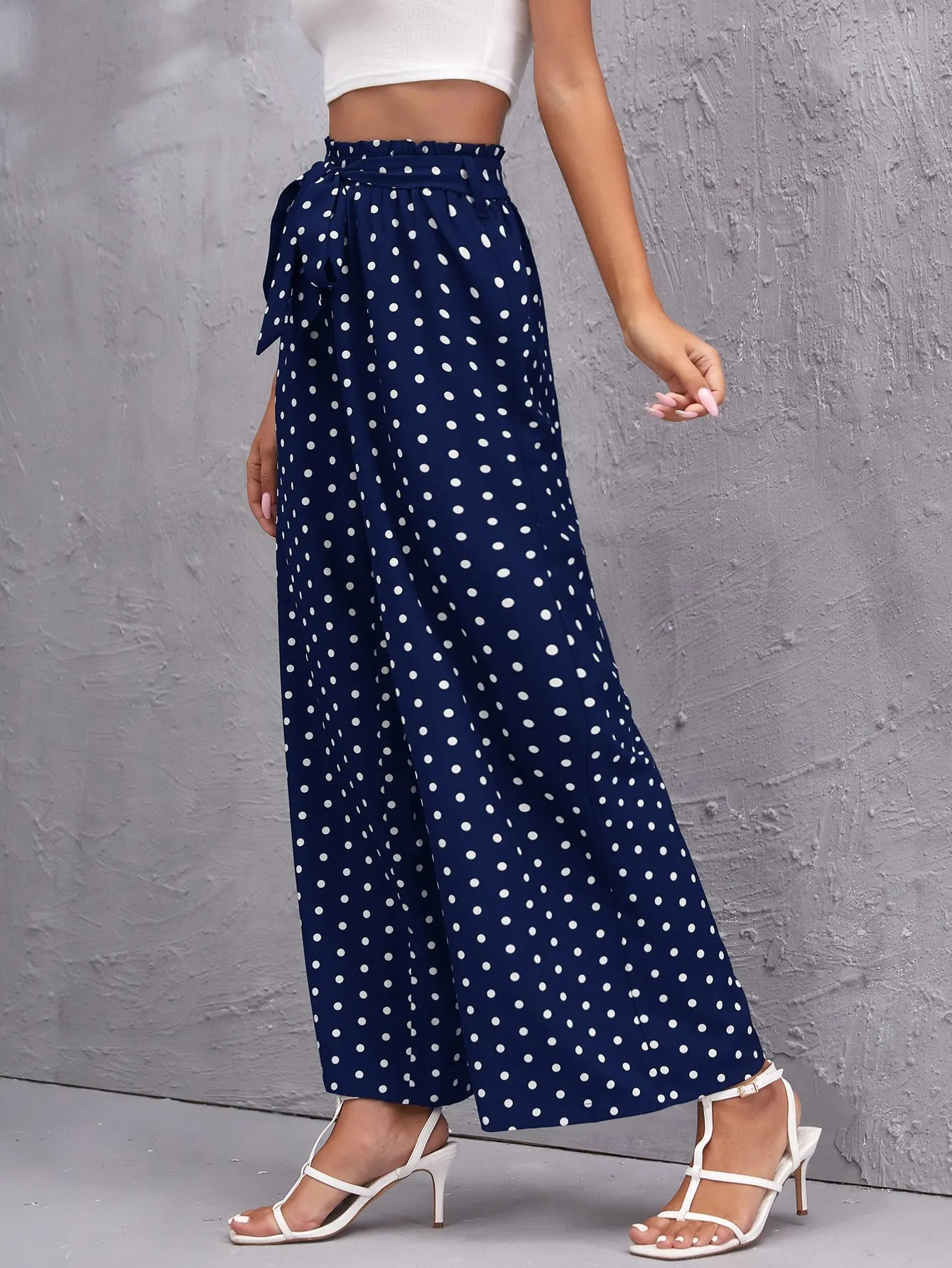 Boho Polka Dot Paper Bag Waist High Waist Long Women Pants