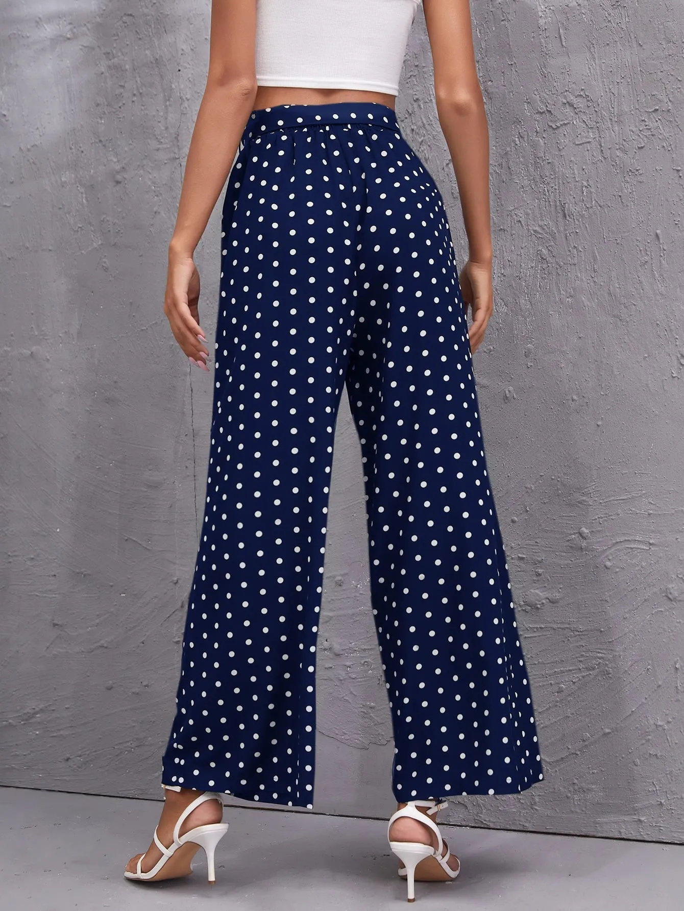 Boho Polka Dot Paper Bag Waist High Waist Long Women Pants