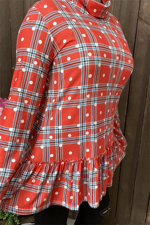 BQ6410 Red plaid mock neck w/ruffle bottom&long sleeve women tunic w/ polka dots print (AS15)