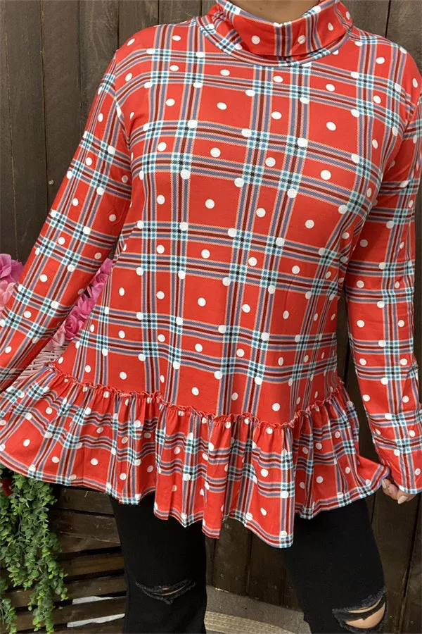 BQ6410 Red plaid mock neck w/ruffle bottom&long sleeve women tunic w/ polka dots print (AS15)