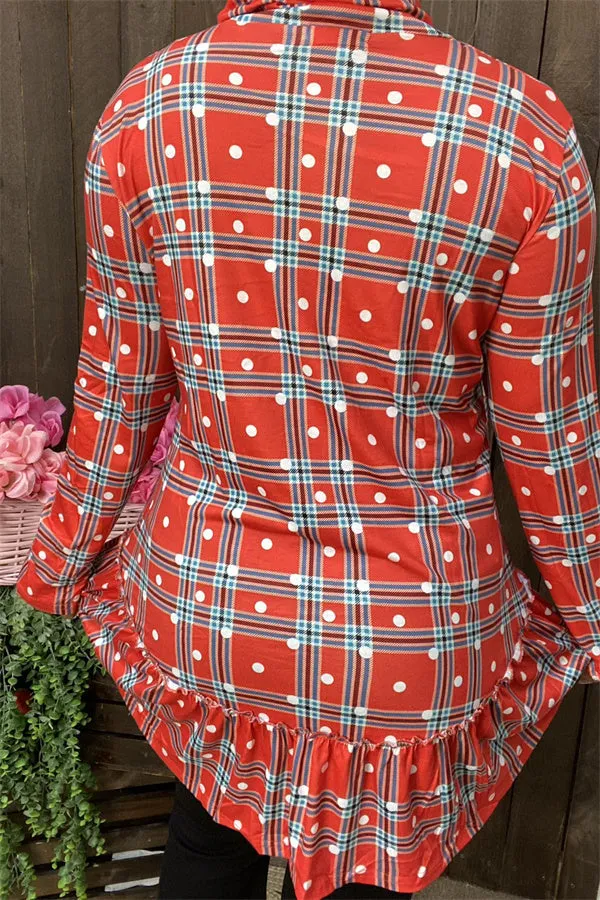 BQ6410 Red plaid mock neck w/ruffle bottom&long sleeve women tunic w/ polka dots print (AS15)