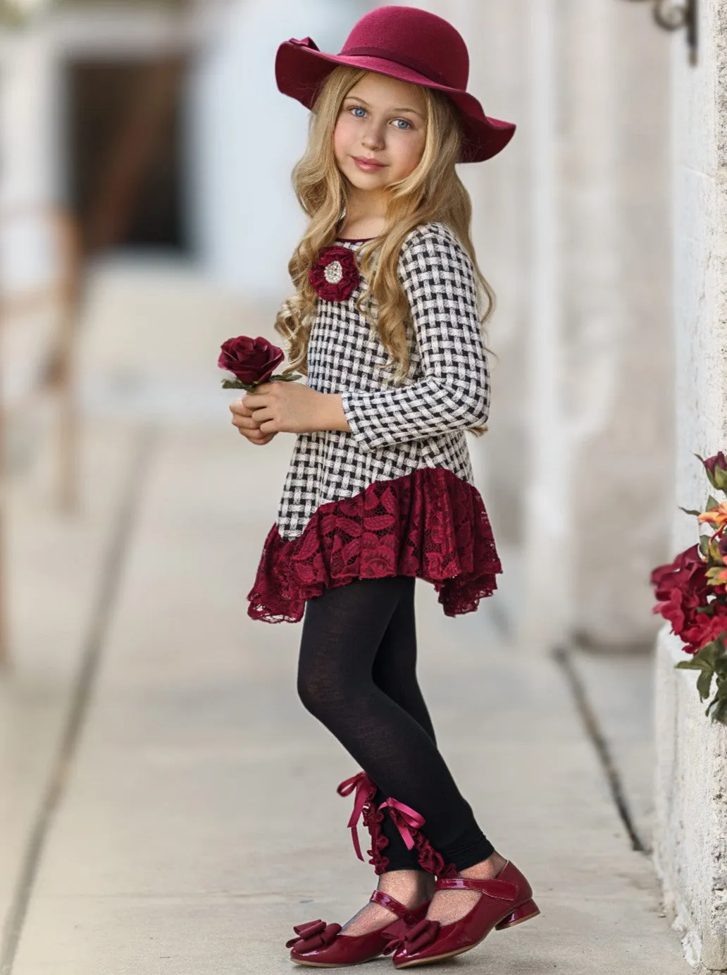 Braided Plaid Lace Trim Tunic and Legging Set