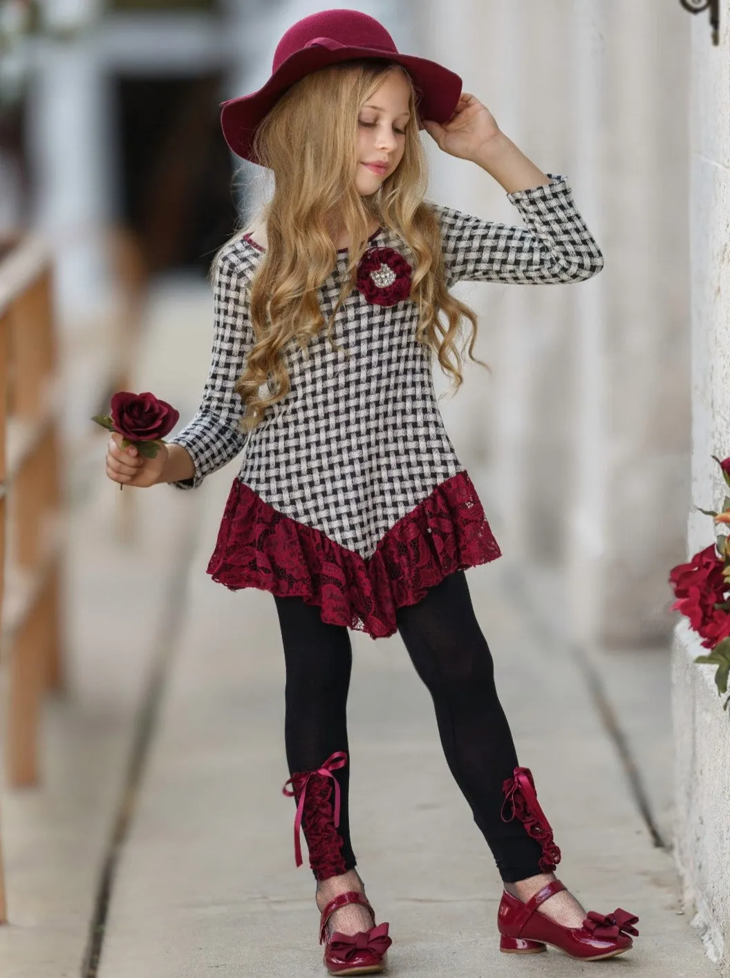 Braided Plaid Lace Trim Tunic and Legging Set