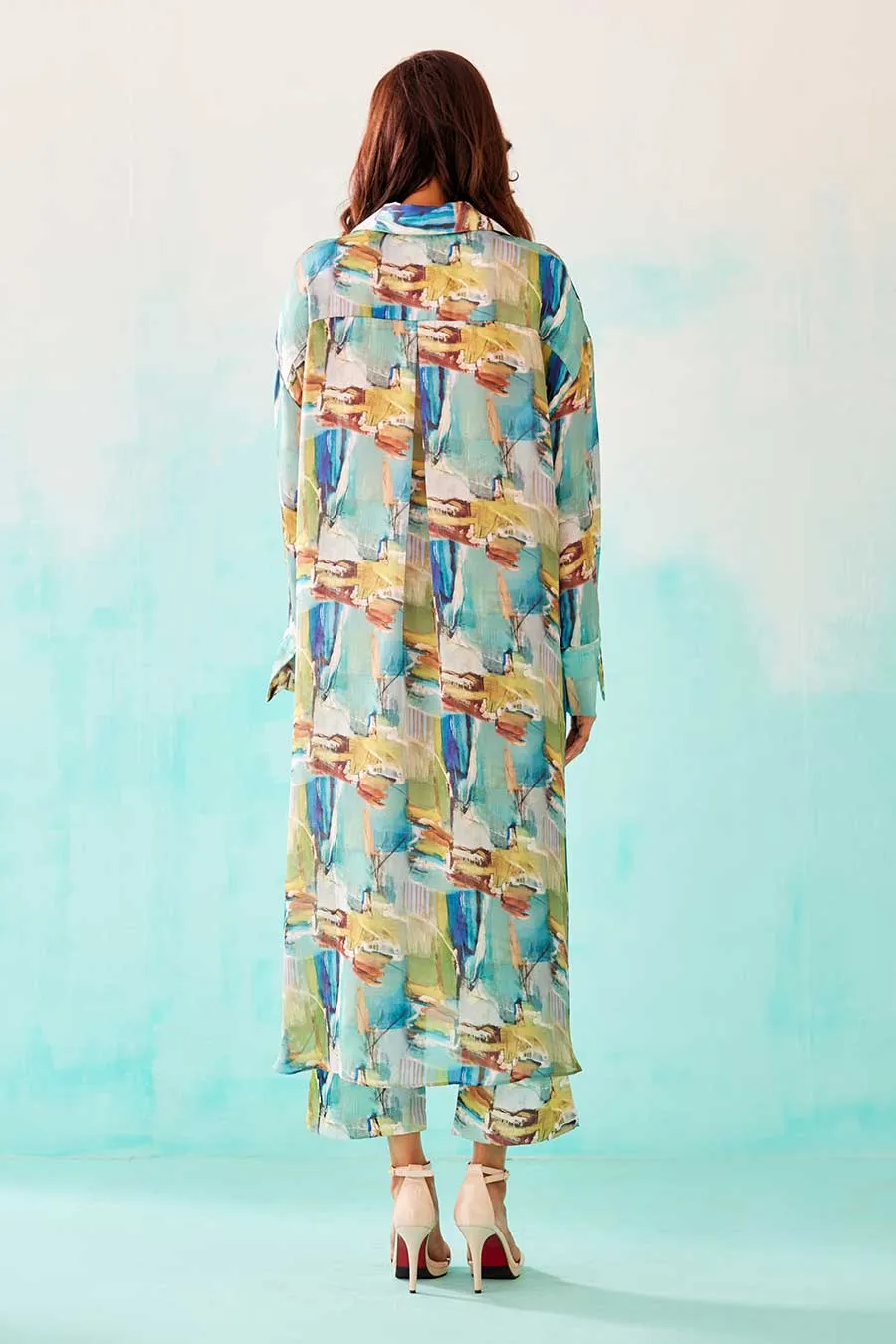 Brushstroke Print Knot Shirt Dress & Pant Co-Ord Set