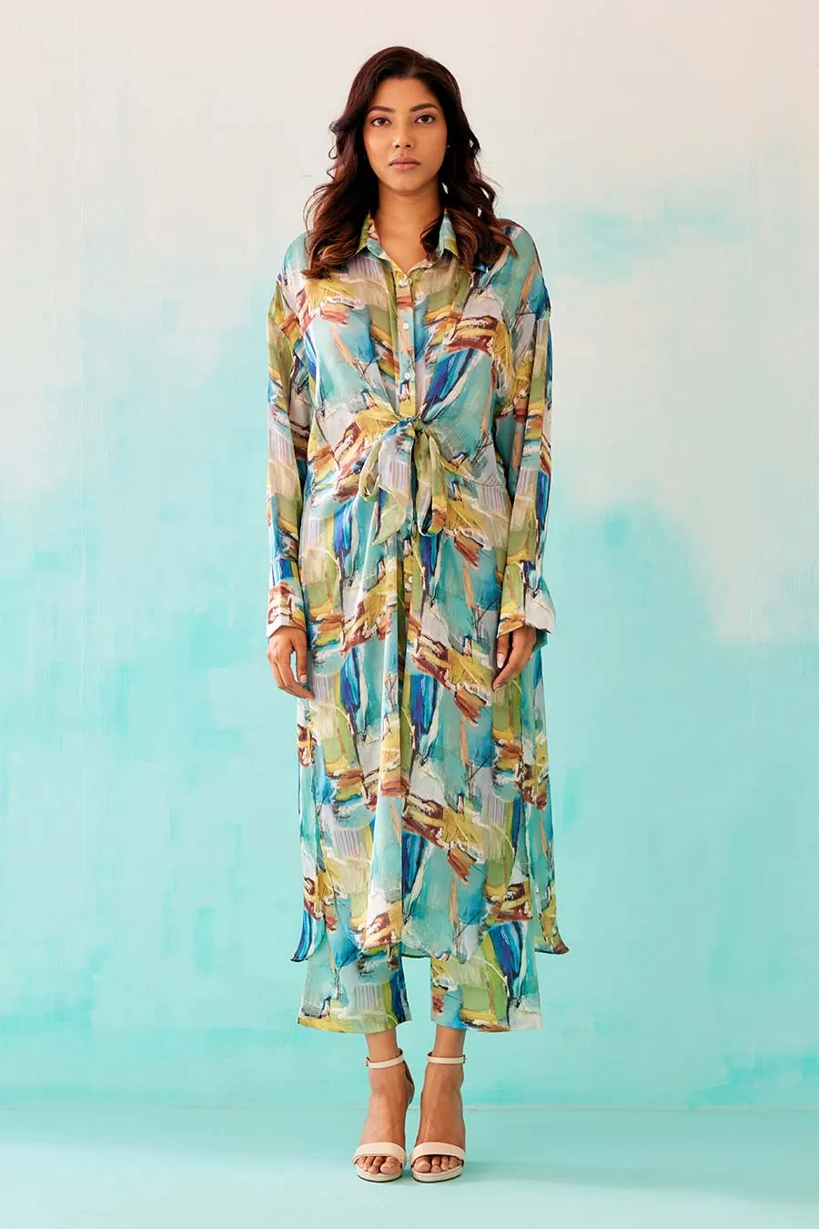 Brushstroke Print Knot Shirt Dress & Pant Co-Ord Set