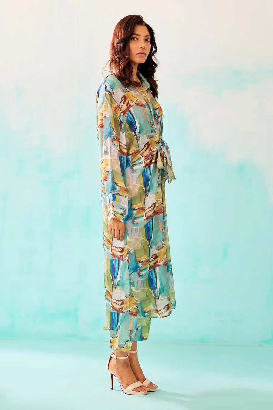 Brushstroke Print Knot Shirt Dress & Pant Co-Ord Set