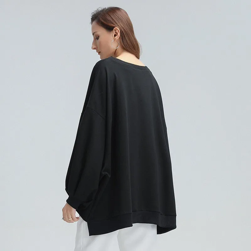 Casual Loose Sweatshirt For Women O Neck Batwing Long Sleeve Black Pullovers Female Fashion Clothing